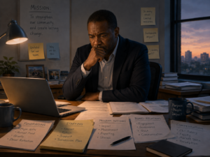 Nonprofit executive working as the sun sets or rises.