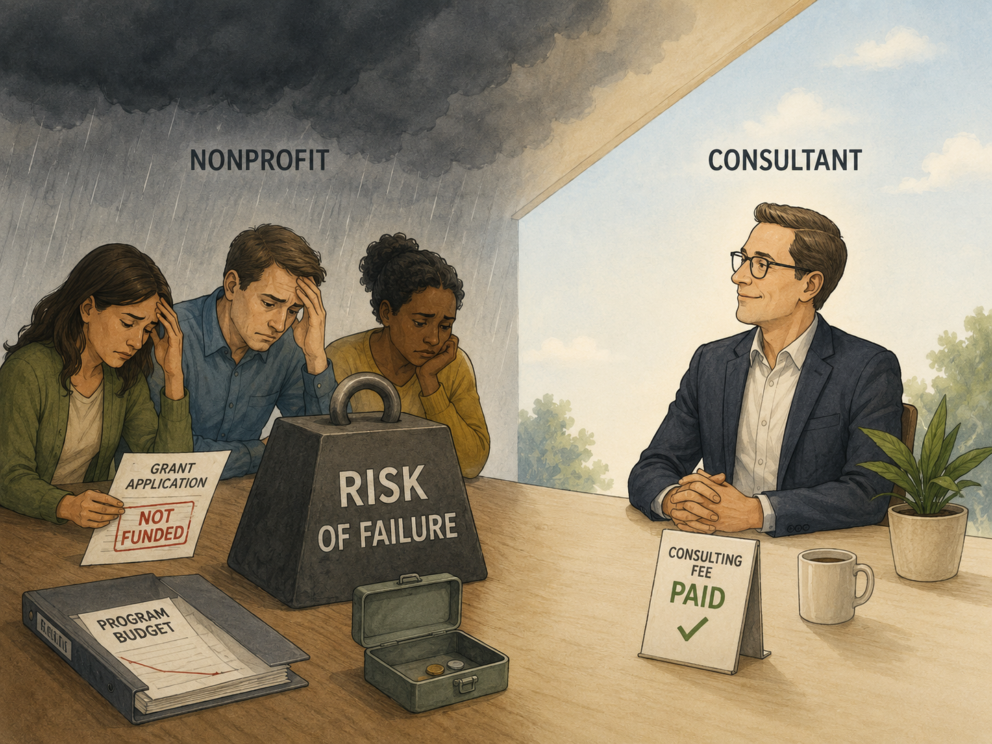 A consultant smugly watches a nonprofit worry while his fee is paid.