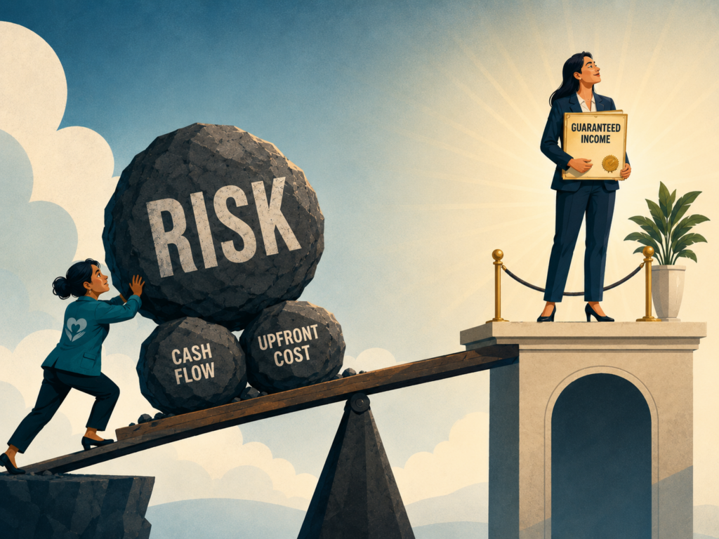 The risk is borne by the nonprofit, while the grantwriter stands secure in their payment.
